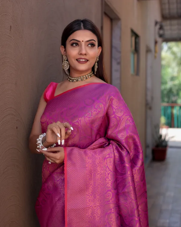 Rani_Pink_Timeless_Kanchipuram_Sarees_A_Heritage_of_Elegance_With_Blouse_Piece_Attached